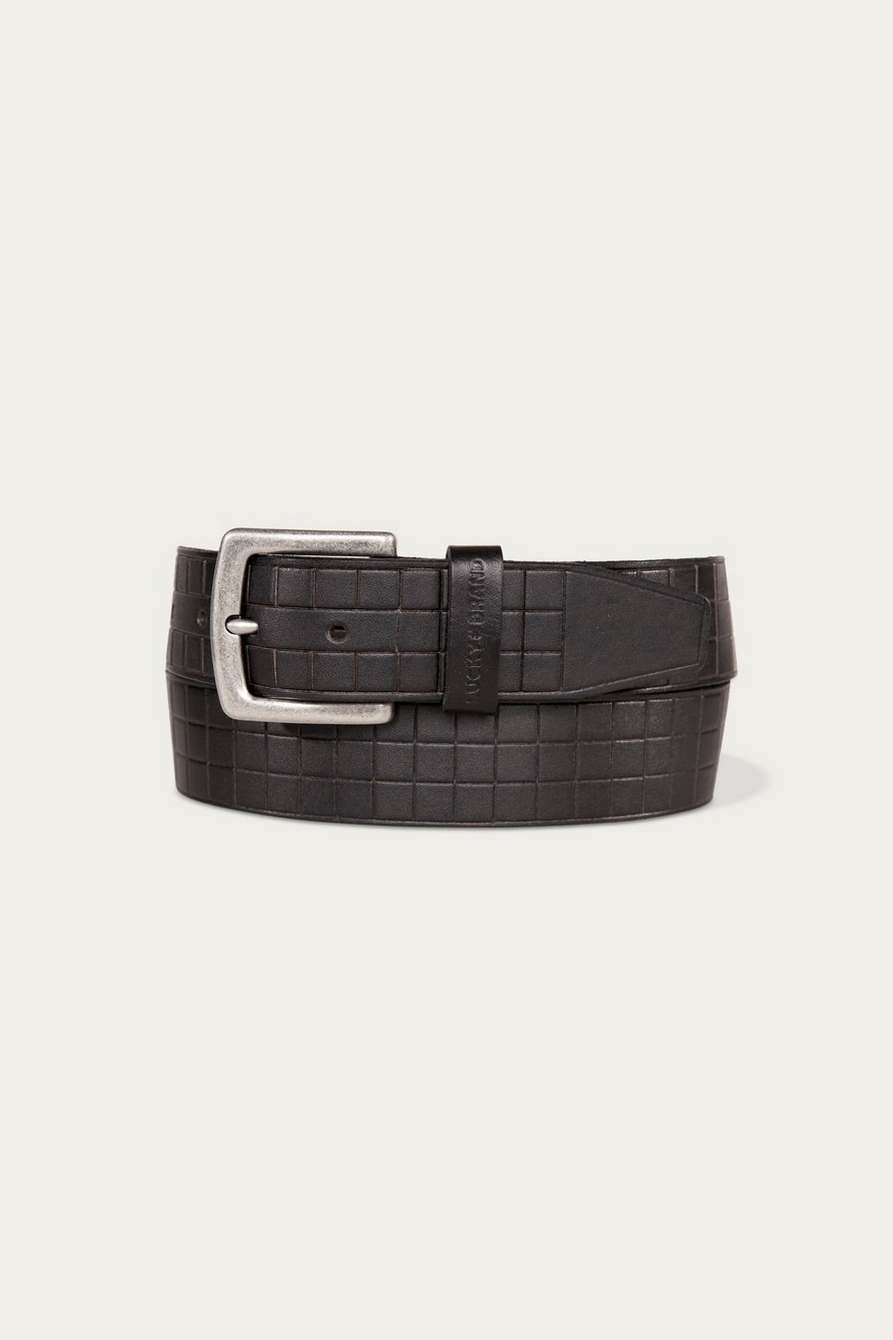 grid tooled embossed leather belt